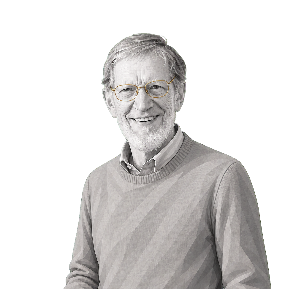 Alvin Plantinga in a shaded warm-grey editorial portrait, smiling and gesturing while wearing thin muted-gold spectacle frames.