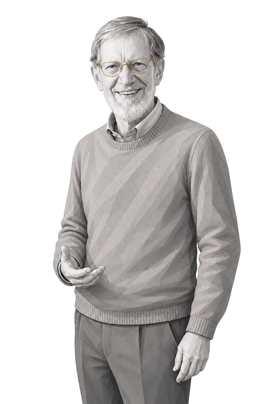 Alvin Plantinga in a shaded warm-grey editorial portrait, smiling and gesturing while wearing thin muted-gold spectacle frames.