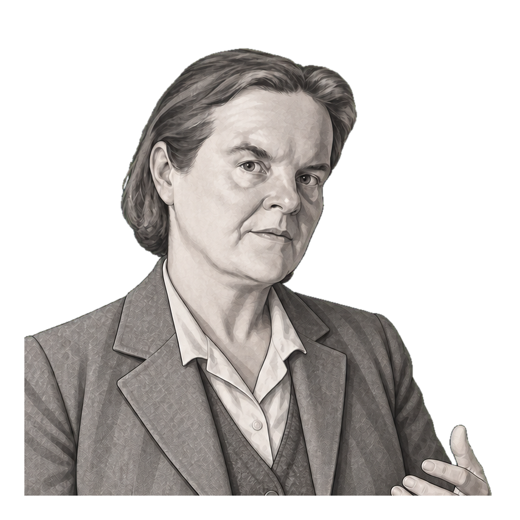 G. E. M. Anscombe in a shaded warm-grey editorial portrait, holding a small cigar with one narrow muted-gold band while gesturing.
