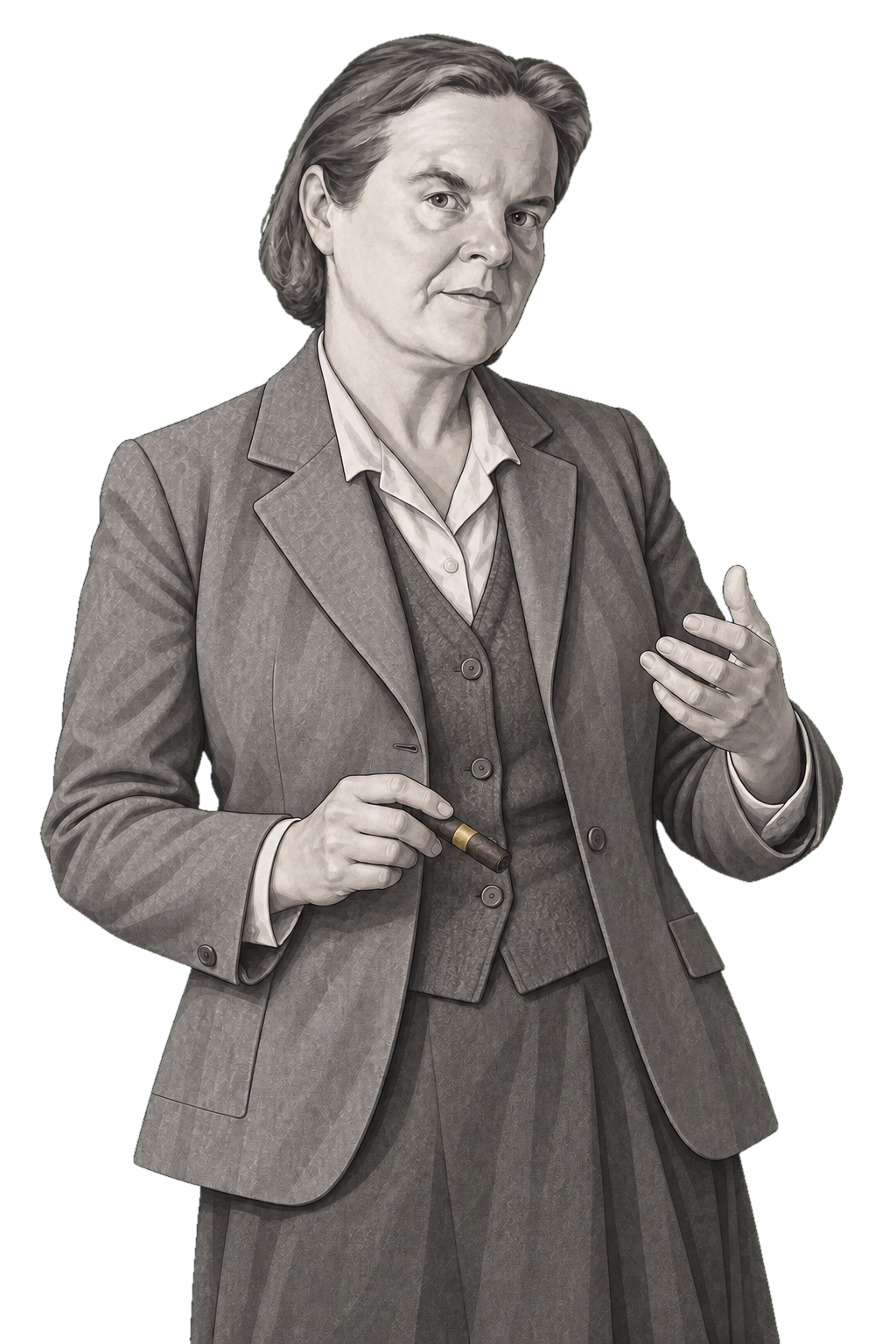 G. E. M. Anscombe in a shaded warm-grey editorial portrait, holding a small cigar with one narrow muted-gold band while gesturing.