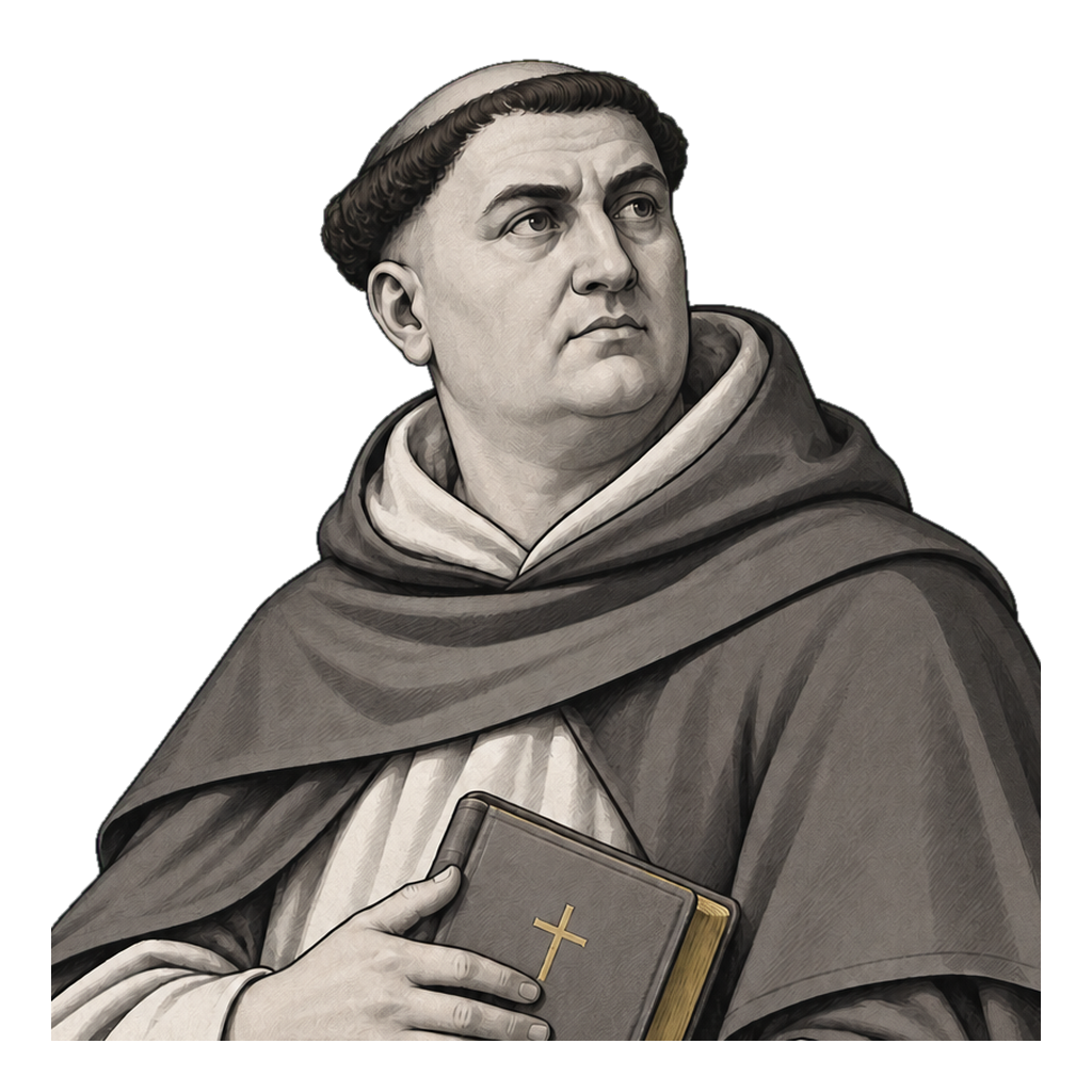 Aquinas in a shaded warm-grey editorial portrait, holding a closed Bible with muted-gold page edges and cross.