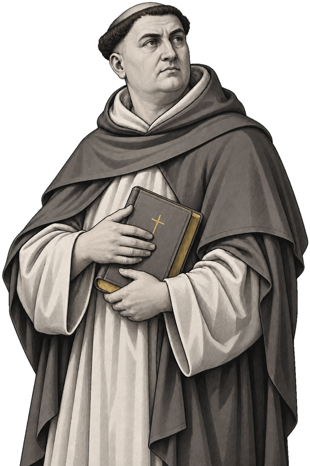 Aquinas in a shaded warm-grey editorial portrait, holding a closed Bible with muted-gold page edges and cross.