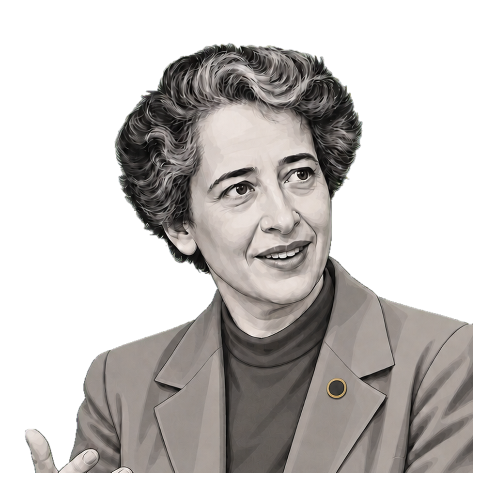 Hannah Arendt in a shaded warm-grey editorial portrait, speaking with one open hand and wearing a small muted-gold ring brooch.