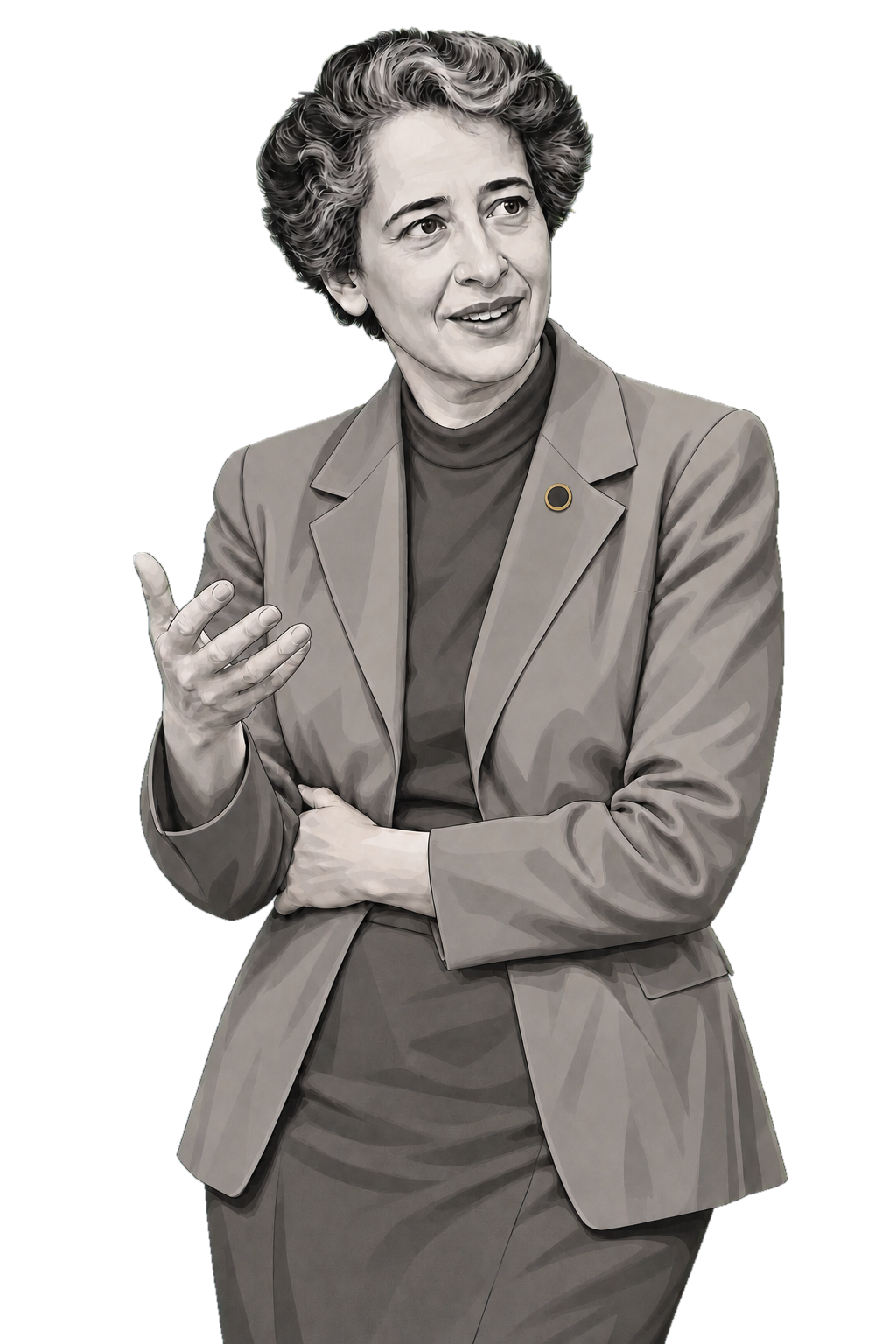 Hannah Arendt in a shaded warm-grey editorial portrait, speaking with one open hand and wearing a small muted-gold ring brooch.