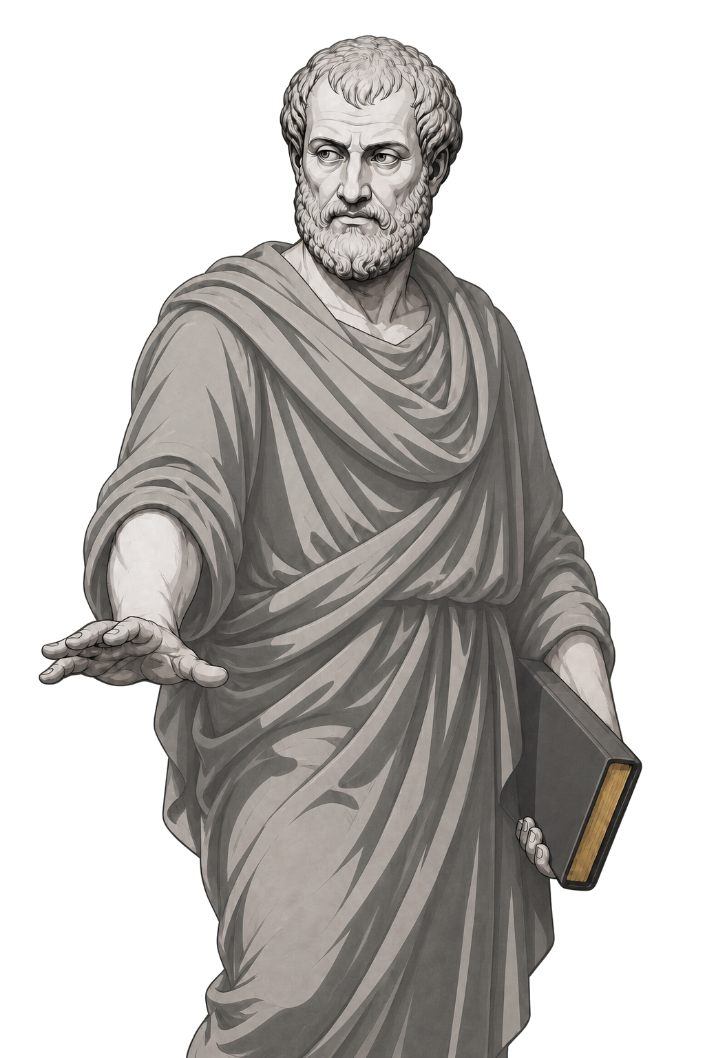 Aristotle examines a sprouting branch with calipers, marked by one restrained gold leaf vein.