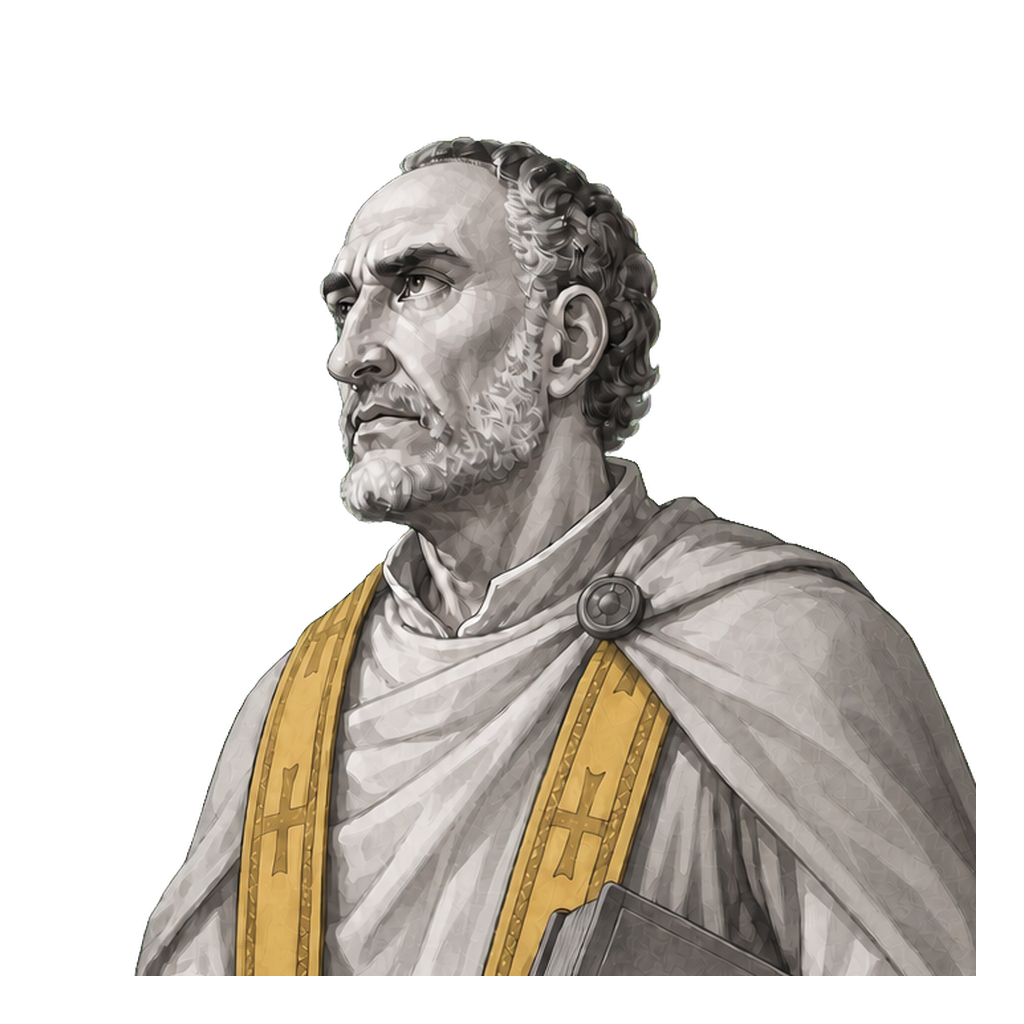 Augustine in a shaded warm-grey editorial portrait, opening one hand while wearing a muted-gold stole and cradling a closed book.
