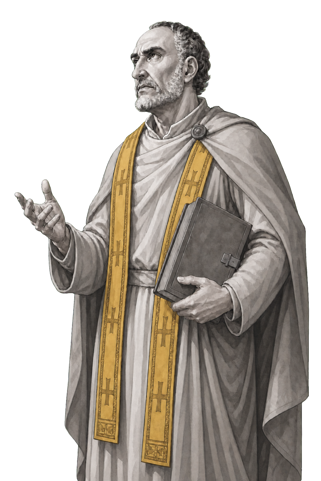 Augustine in a shaded warm-grey editorial portrait, opening one hand while wearing a muted-gold stole and cradling a closed book.