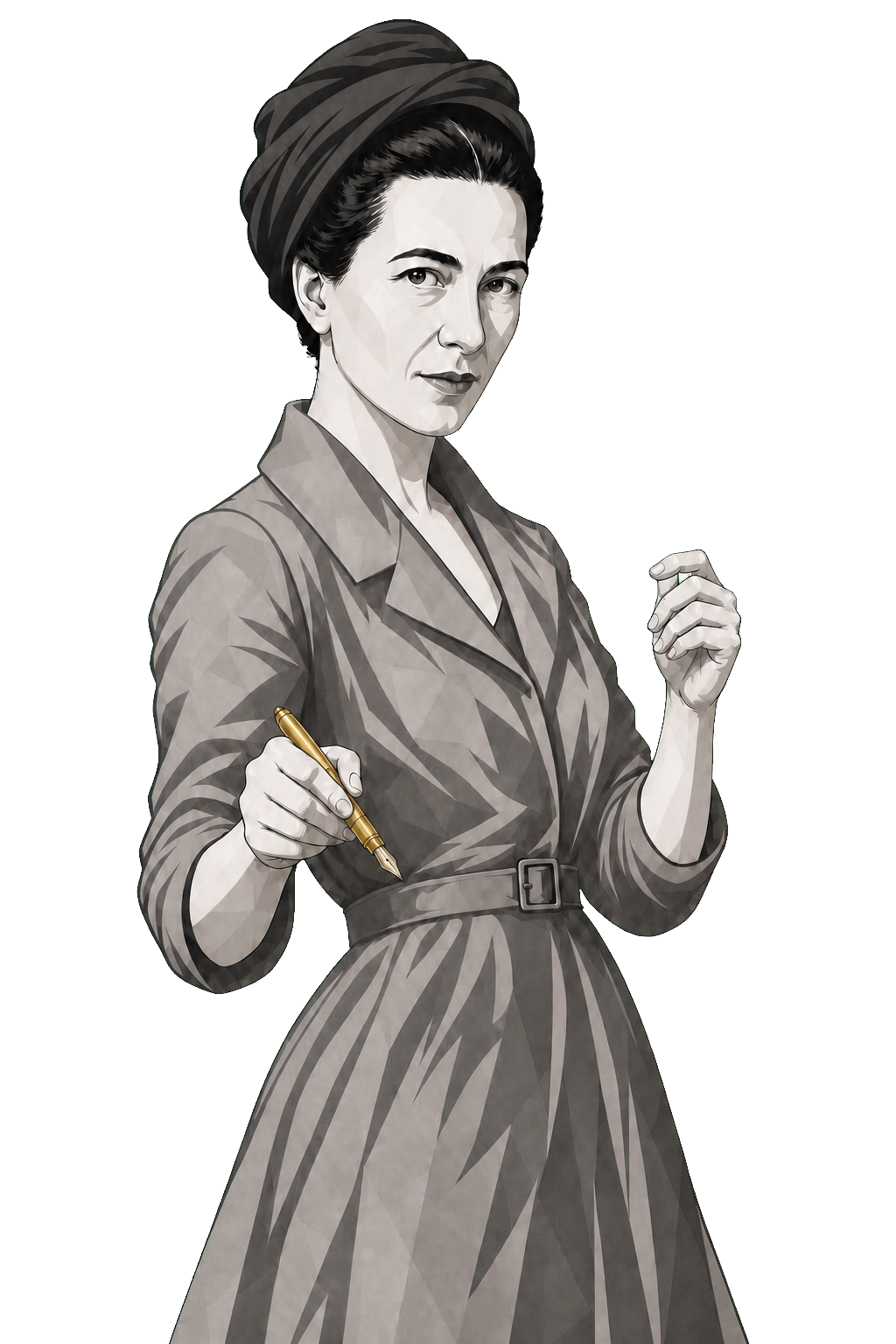 Simone de Beauvoir draws a single gold line outward with a fountain pen while raising her free hand in a measured gesture.