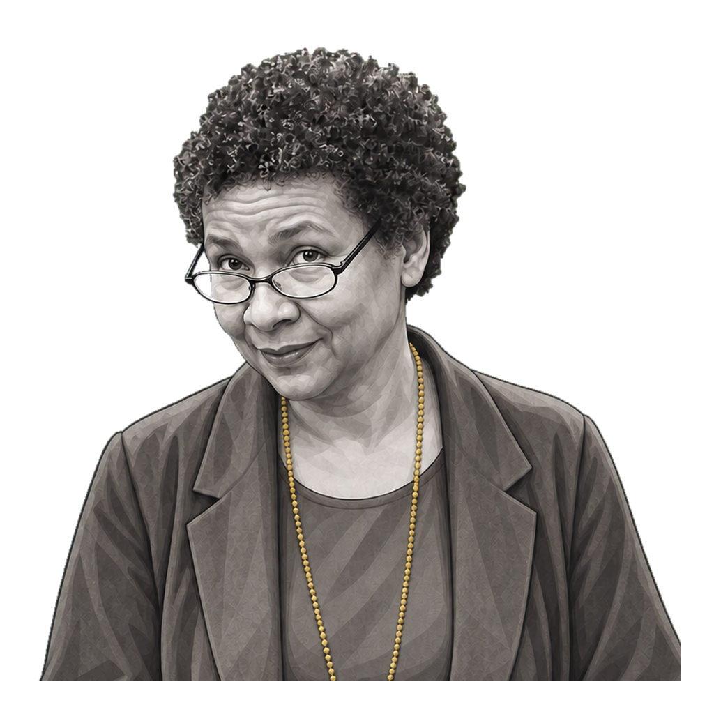 bell hooks in a shaded warm-grey editorial portrait, speaking with an open hand while wearing one long muted-gold necklace.