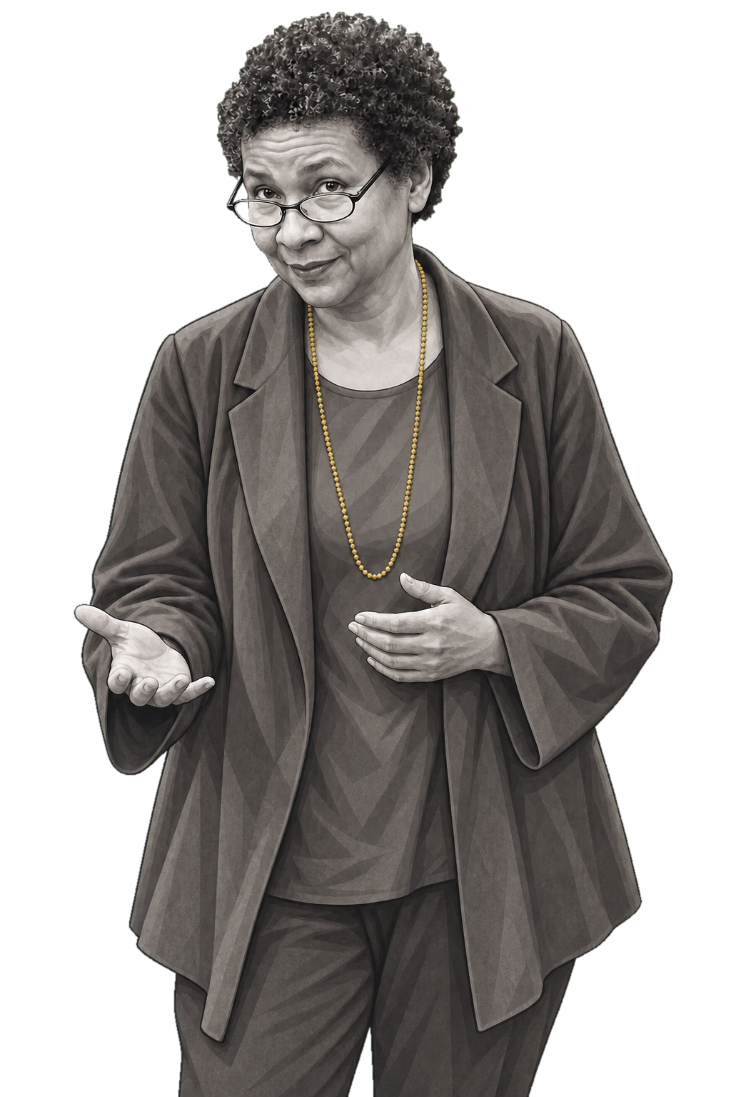 bell hooks in a shaded warm-grey editorial portrait, speaking with an open hand while wearing one long muted-gold necklace.