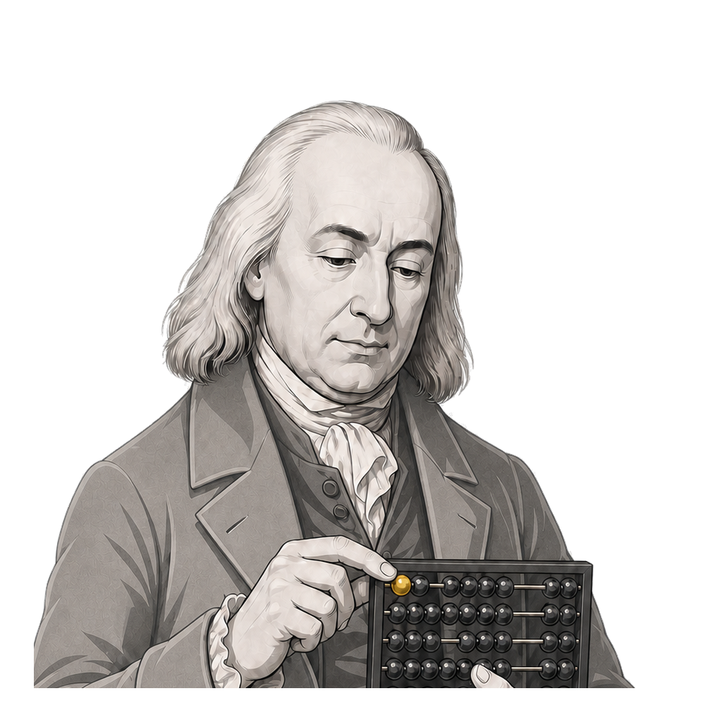 Jeremy Bentham counts a compact abacus in which one muted-gold bead stands apart.