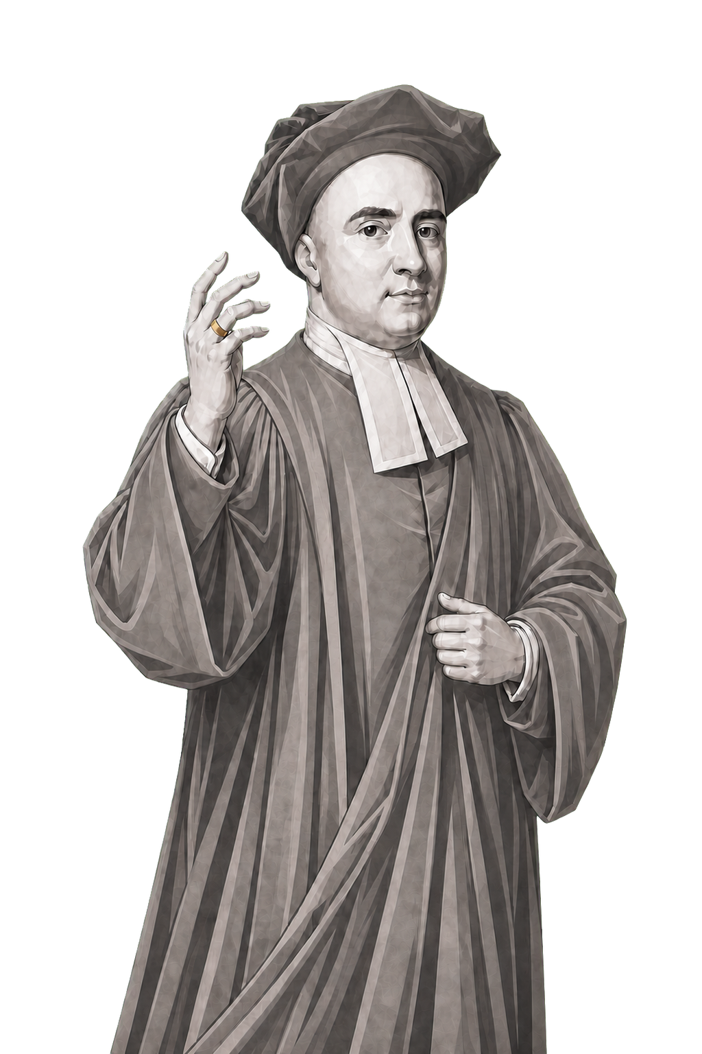 Berkeley in a shaded warm-grey editorial portrait, gesturing in episcopal dress with one muted-gold ring.