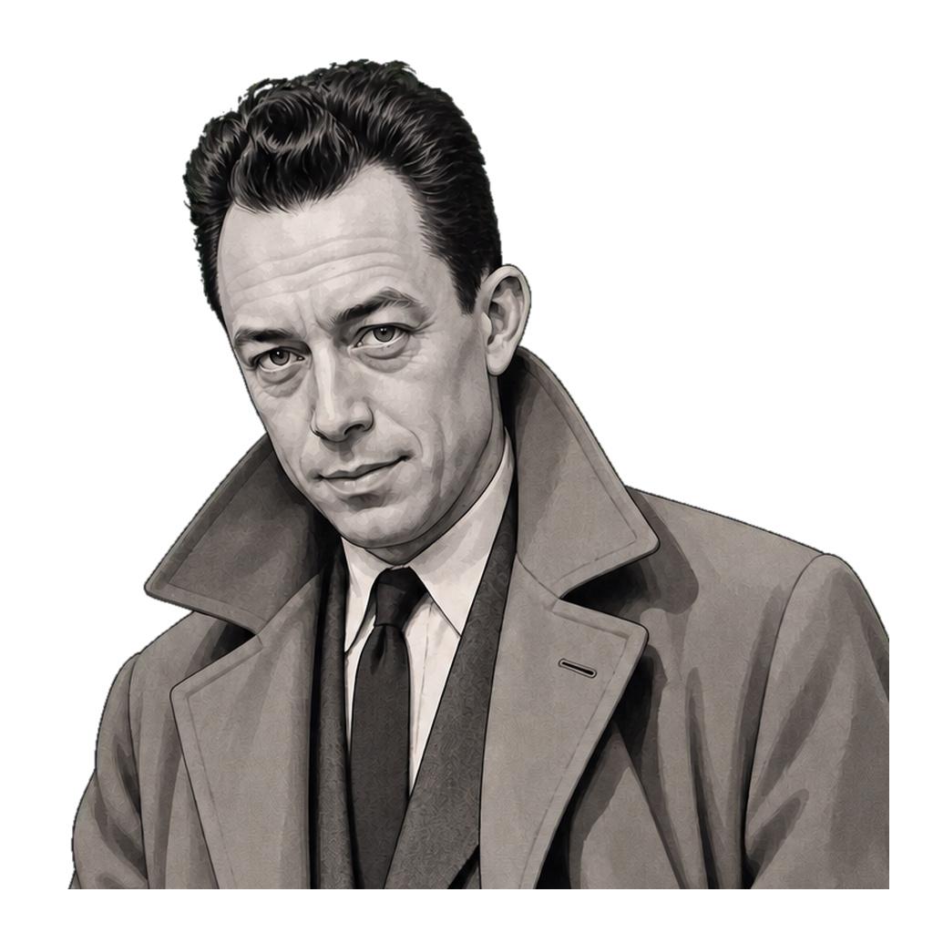 Camus in a shaded warm-grey editorial portrait, holding a small muted-gold cigarette close to his raised-collar coat.