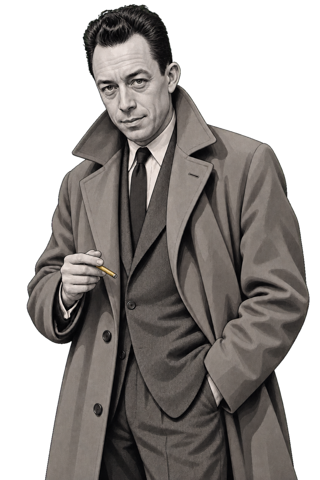 Camus in a shaded warm-grey editorial portrait, holding a small muted-gold cigarette close to his raised-collar coat.