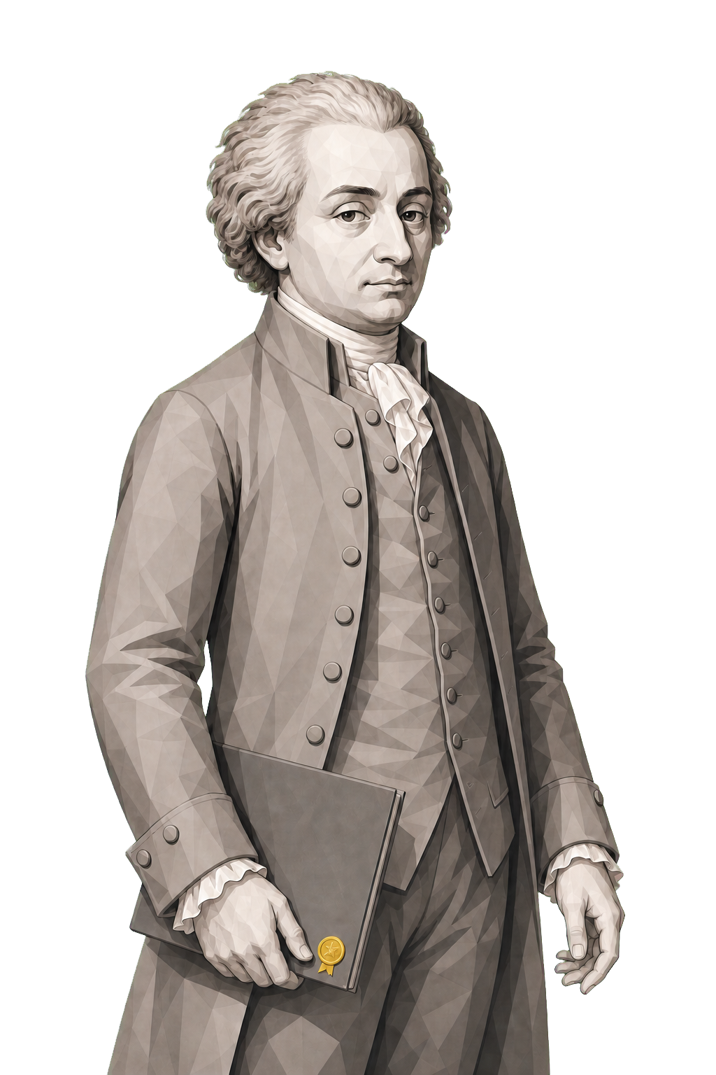 Cesare Beccaria in a shaded warm-grey editorial portrait, carrying a closed folio with one small muted-gold wax seal.