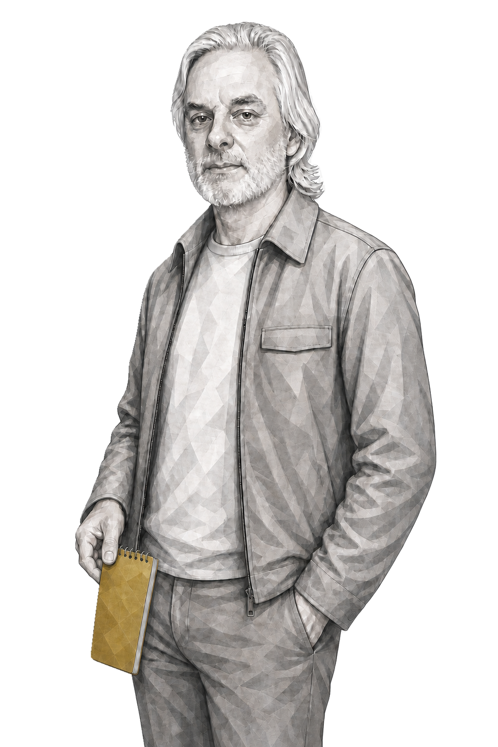 David Chalmers stands in a cool faceted grey jacket, carrying one muted-gold top-flip reporter's notebook low beside his hip.