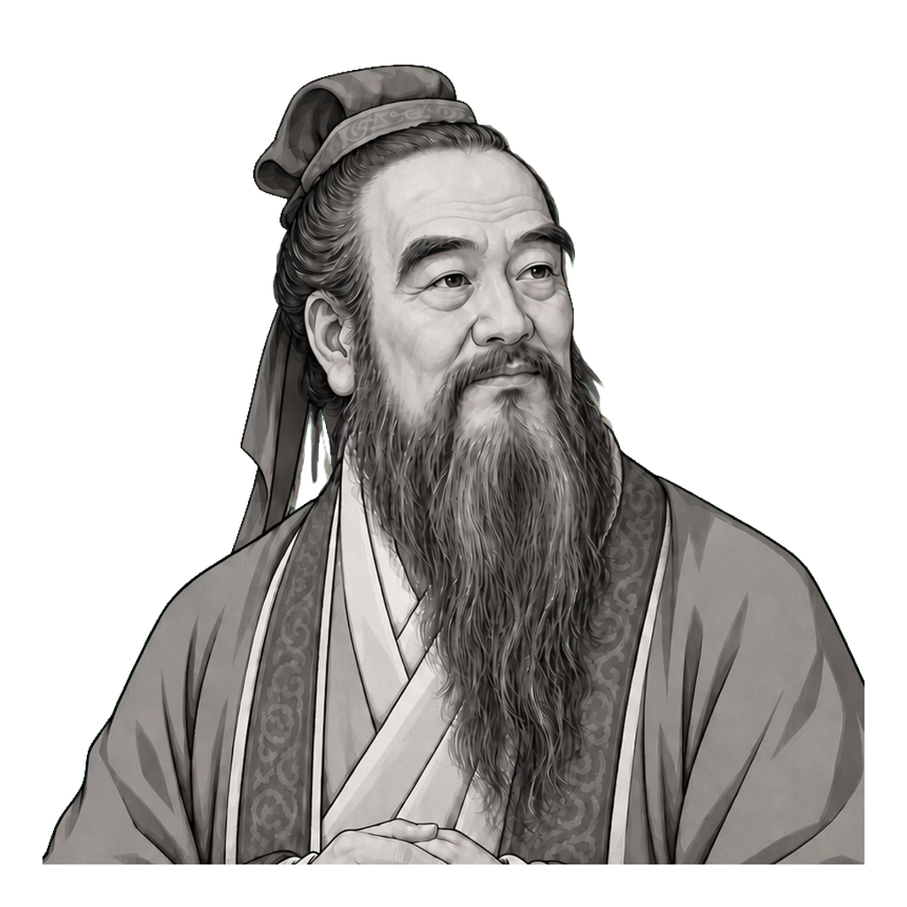 Confucius in a shaded warm-grey editorial portrait, standing with folded hands above a muted-gold ritual sash clasp.