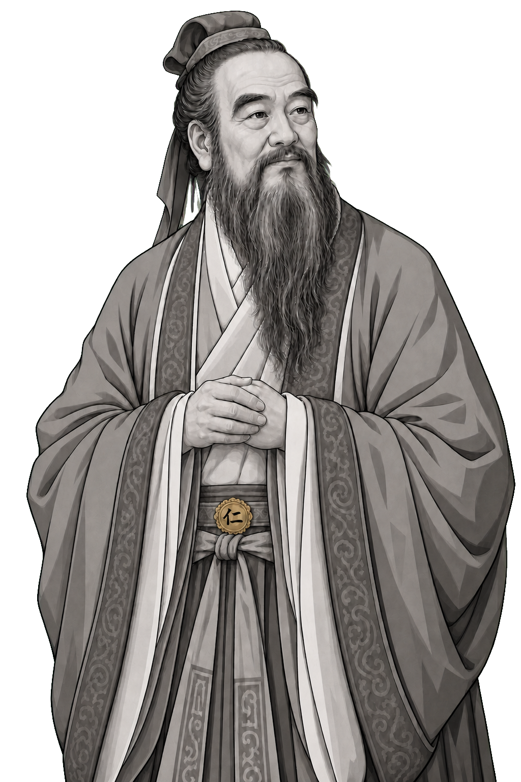 Confucius in a shaded warm-grey editorial portrait, standing with folded hands above a muted-gold ritual sash clasp.