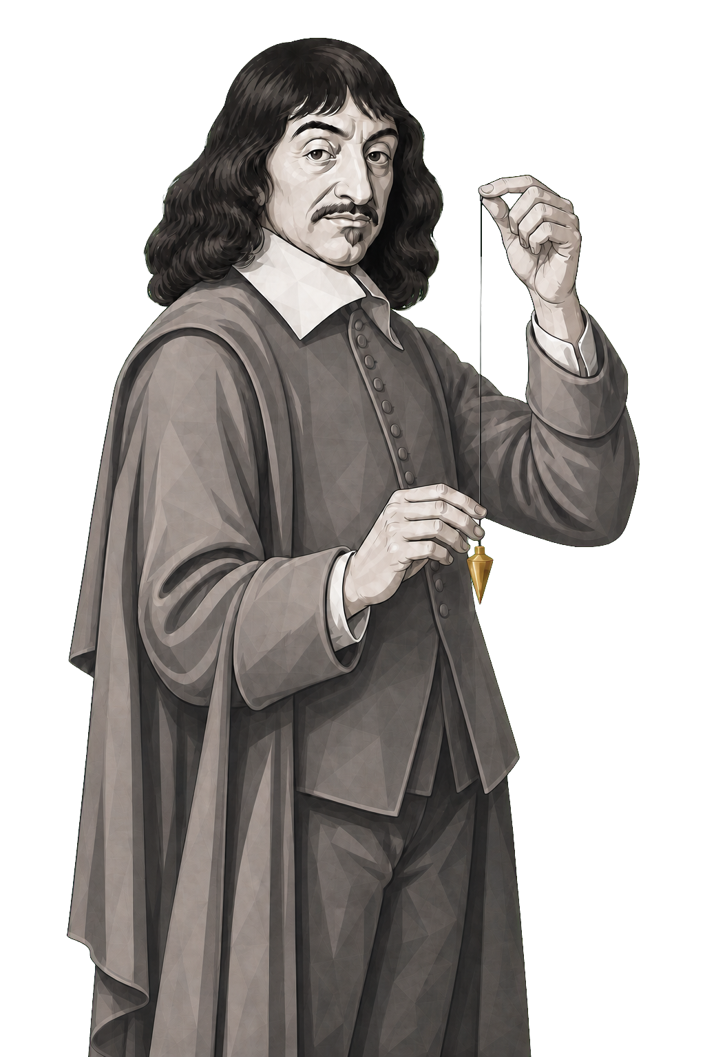 Descartes in a shaded warm-grey editorial portrait, holding a plumb line with a muted-gold plumb bob.