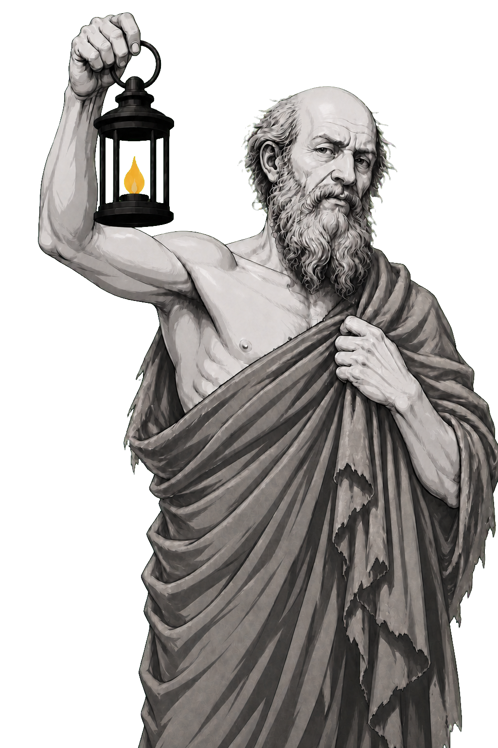 Diogenes raises a lantern whose single muted-gold flame searches beyond polite appearances.