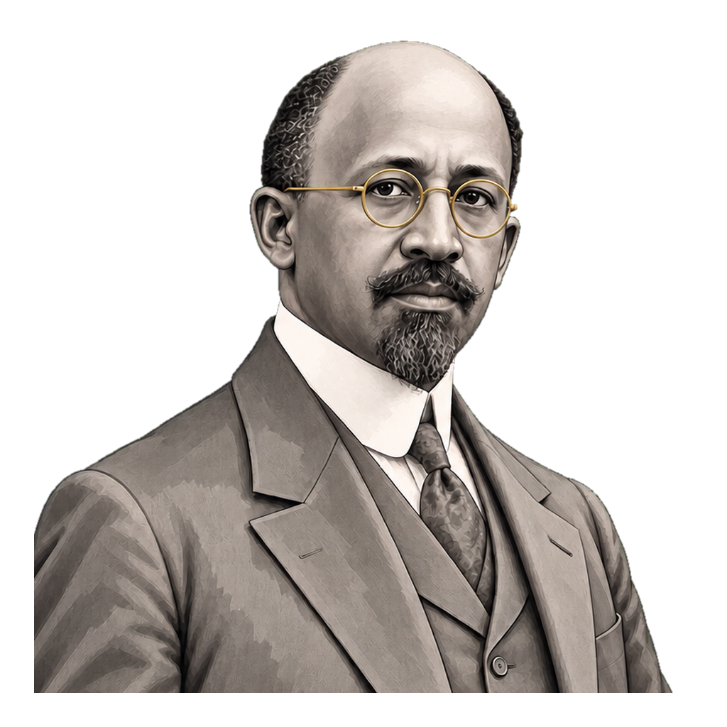 W. E. B. Du Bois in a shaded warm-grey editorial portrait, standing in formal tailoring with round muted-gold spectacle frames.