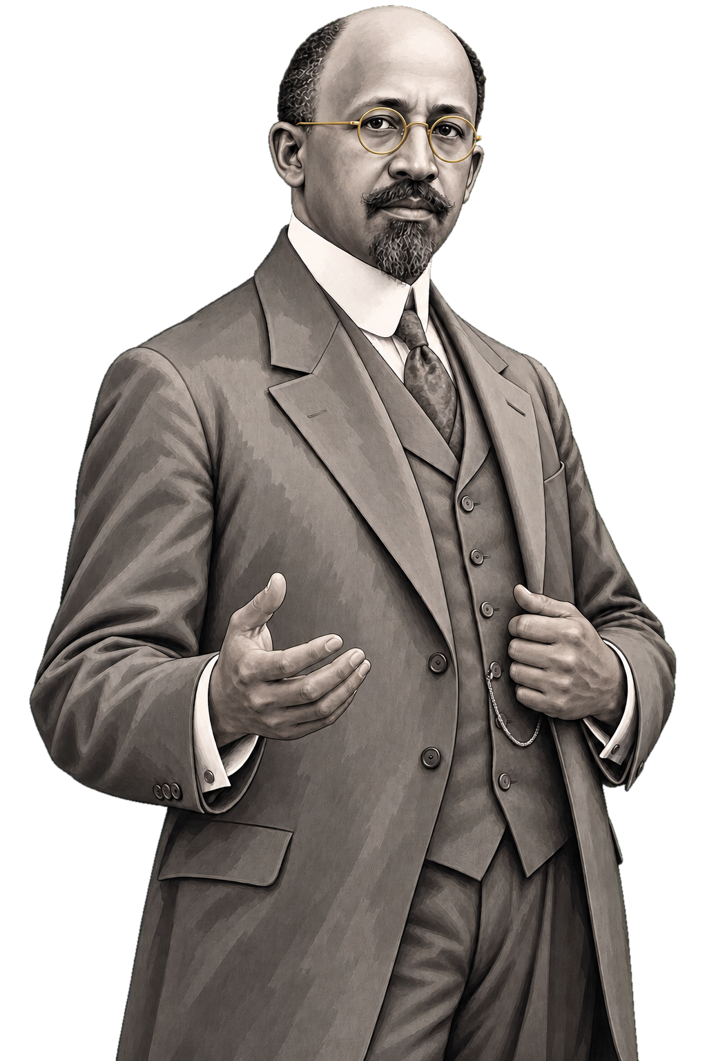 W. E. B. Du Bois in a shaded warm-grey editorial portrait, standing in formal tailoring with round muted-gold spectacle frames.
