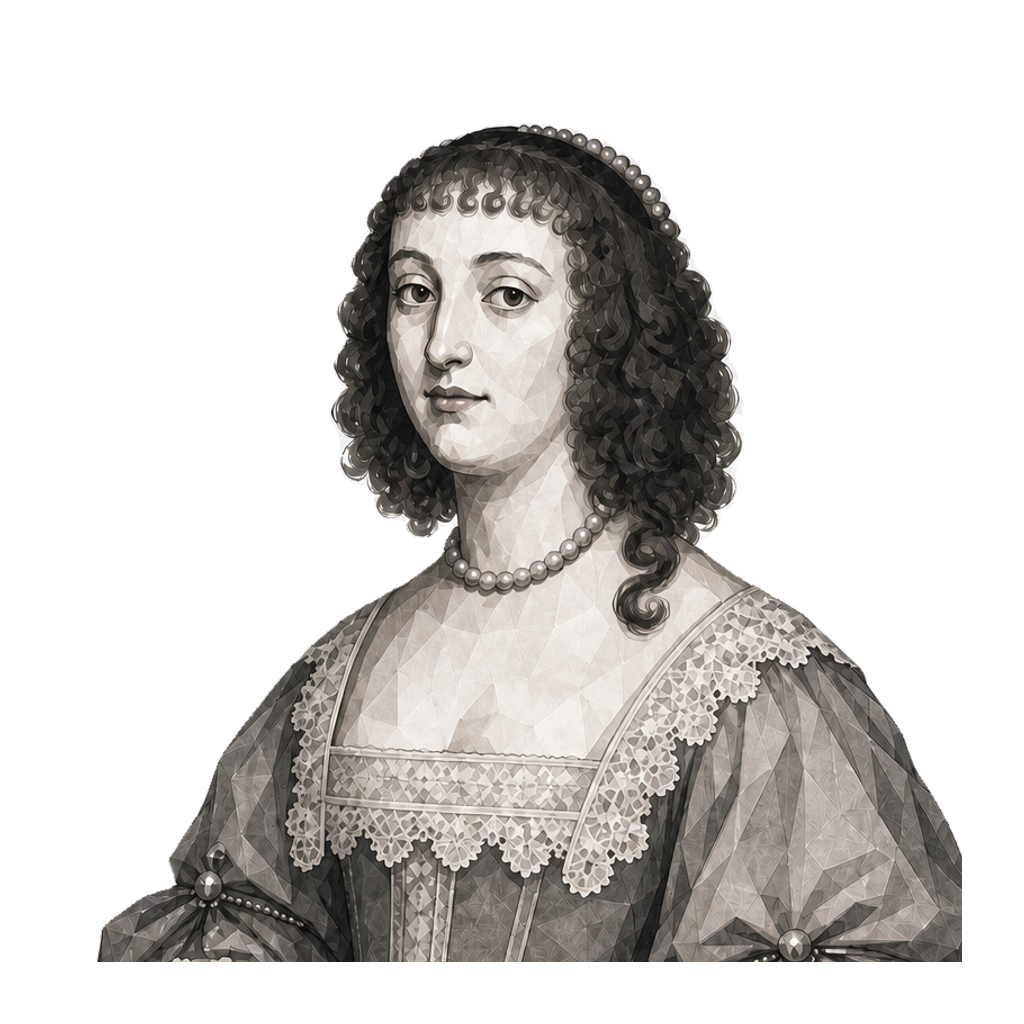 Elisabeth of Bohemia stands in a dark faceted period dress, holding a letter closed with one restrained muted-gold seal.