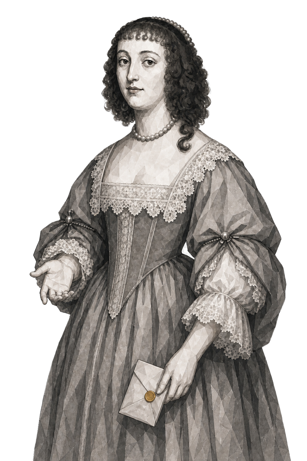 Elisabeth of Bohemia stands in a dark faceted period dress, holding a letter closed with one restrained muted-gold seal.