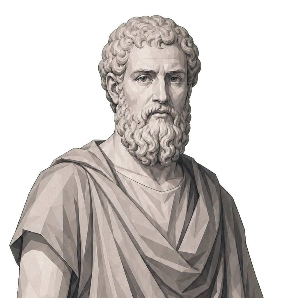 Epicurus in a shaded warm-grey editorial portrait, standing calmly with one small muted-gold fig held beside his hip.
