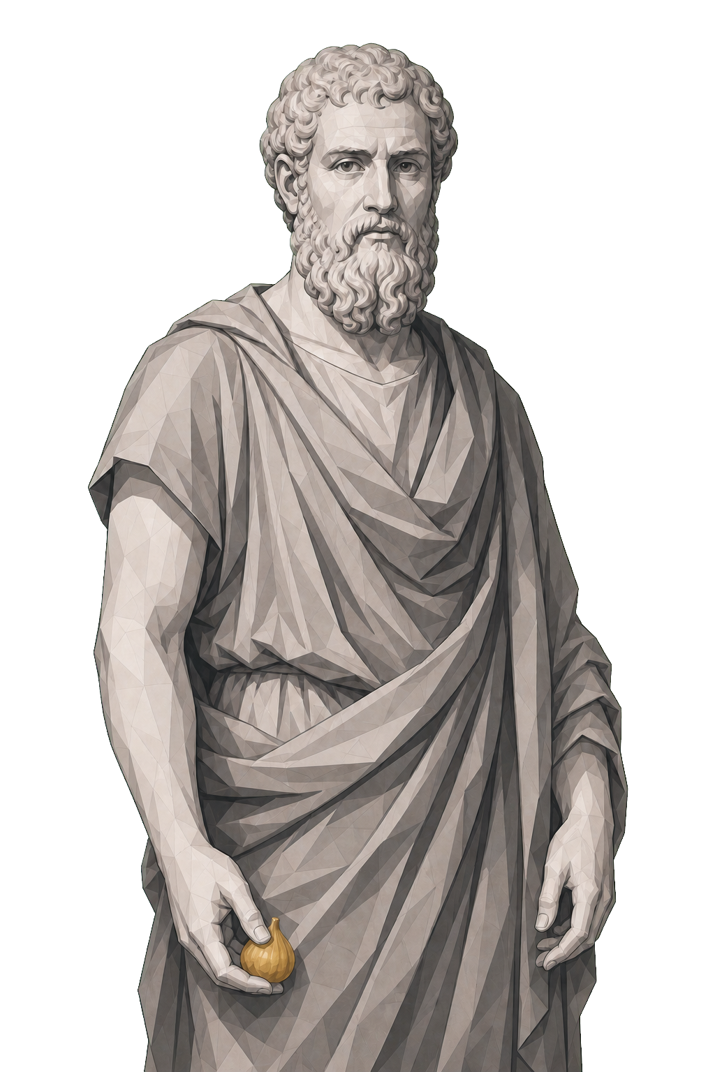 Epicurus in a shaded warm-grey editorial portrait, standing calmly with one small muted-gold fig held beside his hip.