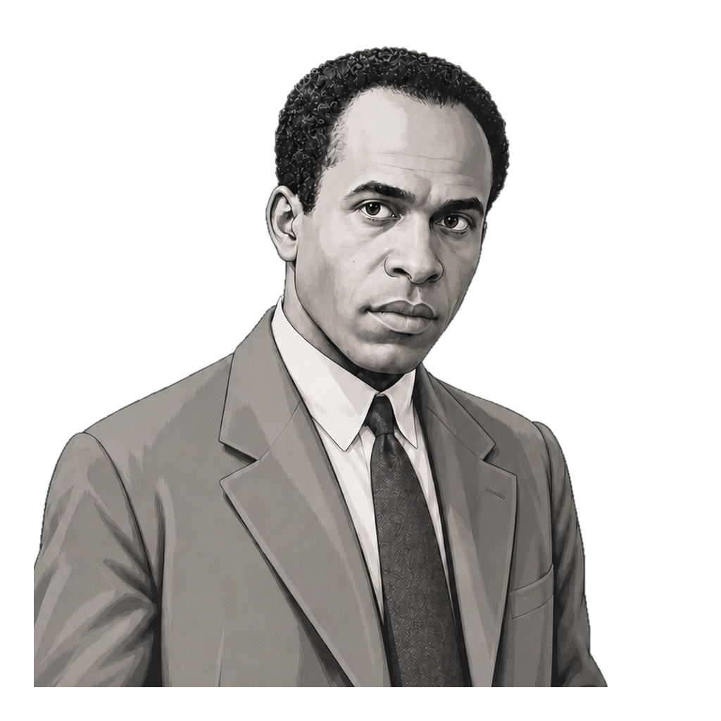 Frantz Fanon in a shaded warm-grey editorial portrait, standing directly while carrying a compact radio with a muted-gold grille.