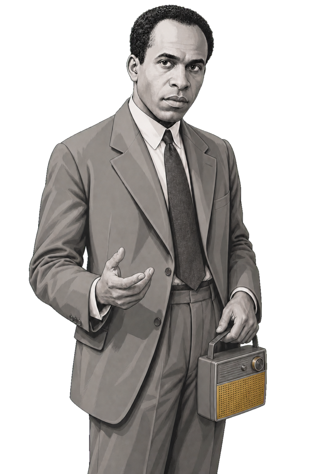 Frantz Fanon in a shaded warm-grey editorial portrait, standing directly while carrying a compact radio with a muted-gold grille.