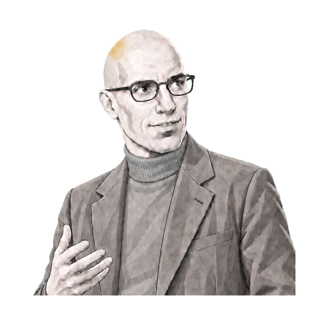 Michel Foucault in a shaded warm-grey editorial portrait, speaking with one open hand as a subtle muted-gold light plane catches his bald crown.