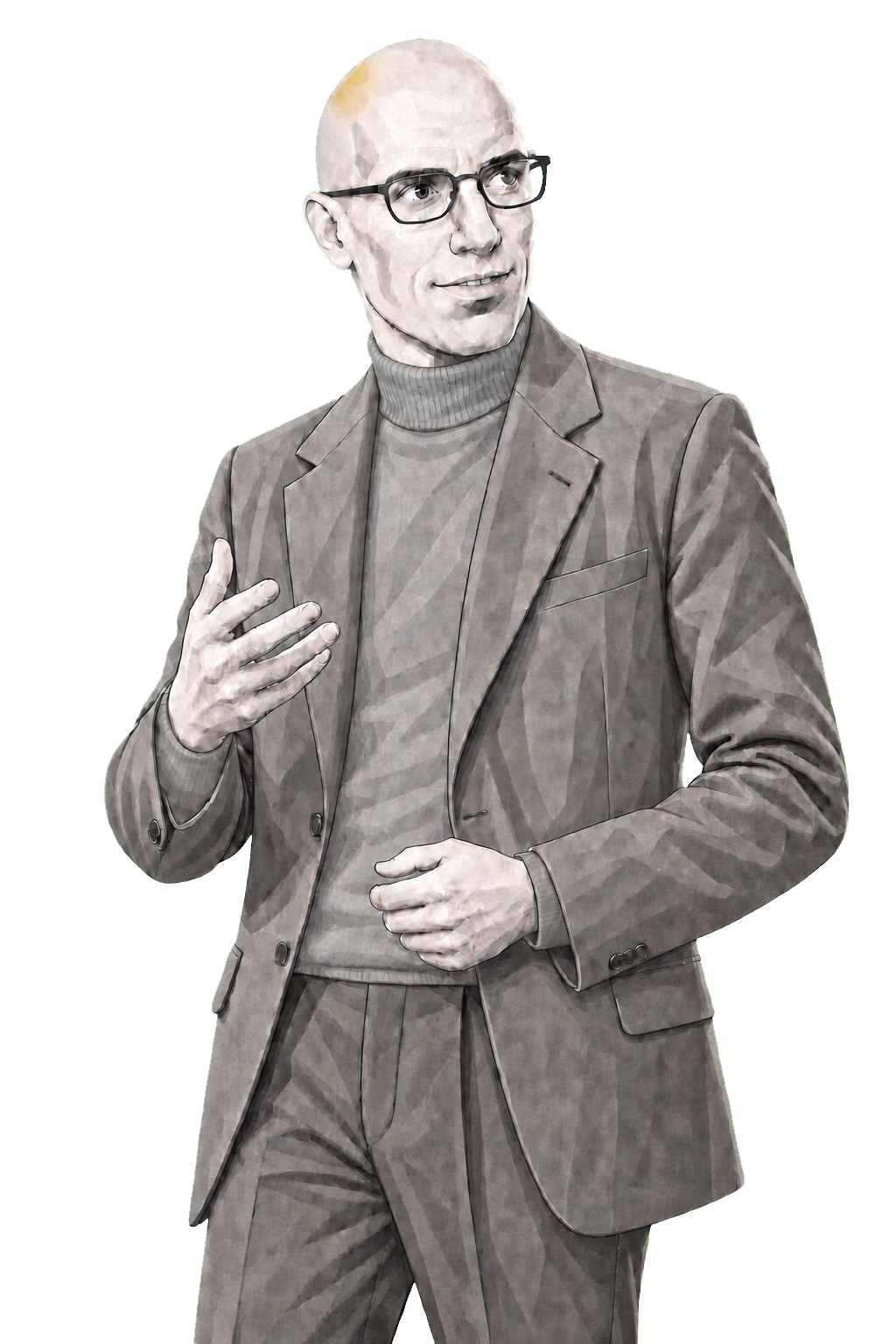 Michel Foucault in a shaded warm-grey editorial portrait, speaking with one open hand as a subtle muted-gold light plane catches his bald crown.