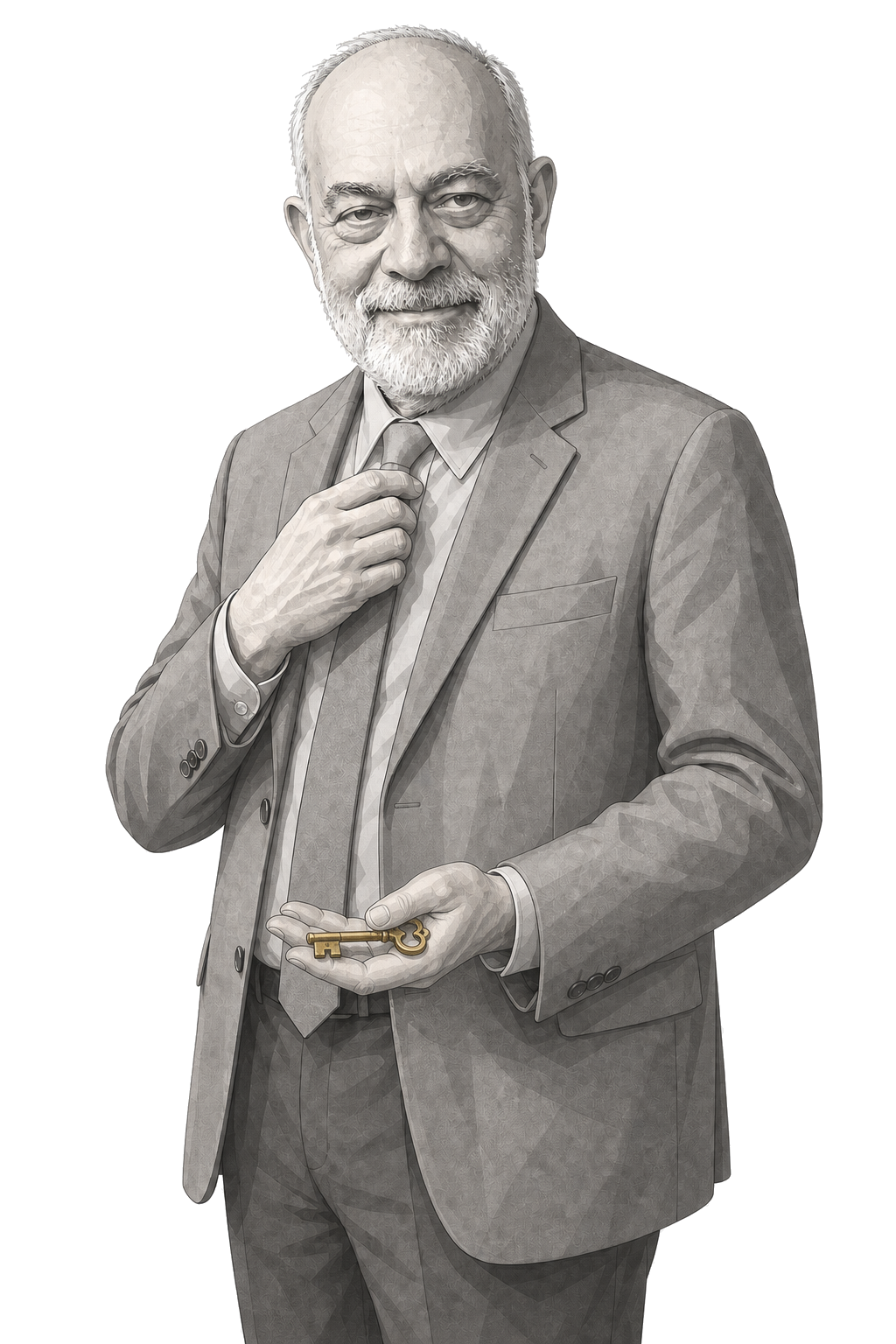 Frankfurt in a shaded warm-grey editorial portrait, holding a compact muted-gold key across his open palm.