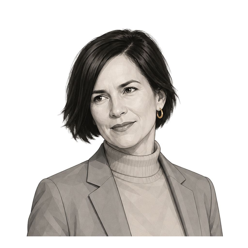 Fricker in a shaded warm-grey editorial portrait, listening with one gently open hand and a small muted-gold hoop earring.