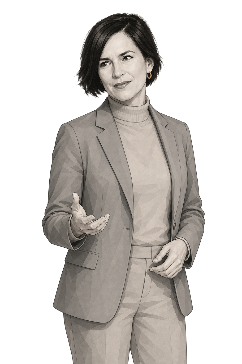 Fricker in a shaded warm-grey editorial portrait, listening with one gently open hand and a small muted-gold hoop earring.