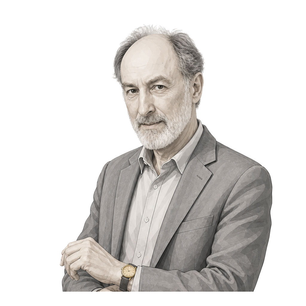 Goldman in a shaded warm-grey editorial portrait, checking a wristwatch with a muted-gold case.