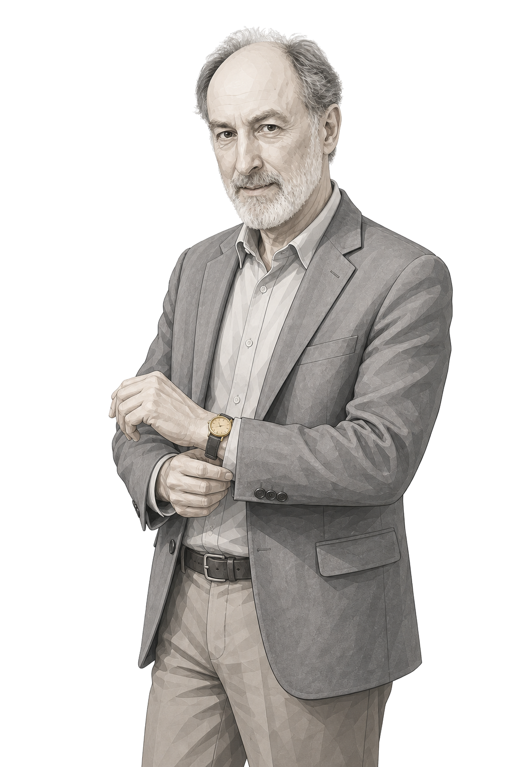 Goldman in a shaded warm-grey editorial portrait, checking a wristwatch with a muted-gold case.