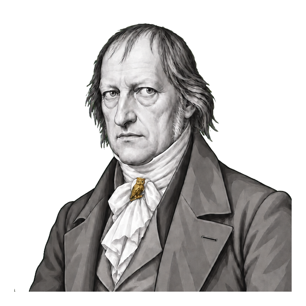 Hegel in a shaded warm-grey editorial portrait, opening one hand beneath a tiny muted-gold owl cravat pin.