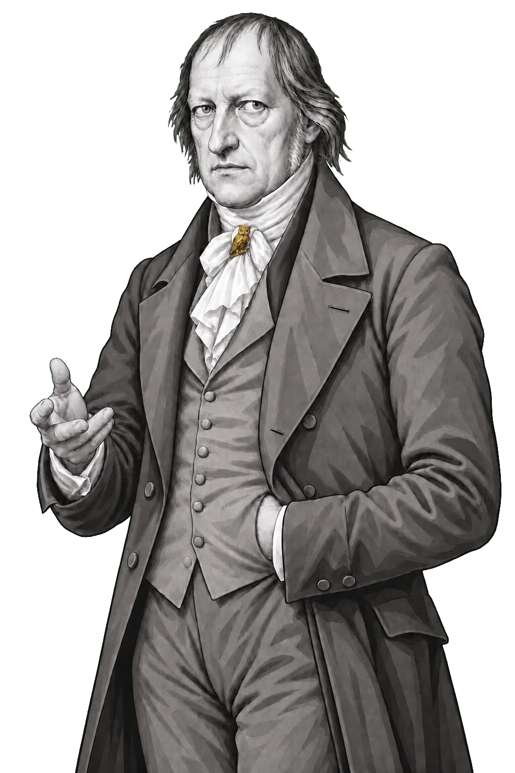 Hegel in a shaded warm-grey editorial portrait, opening one hand beneath a tiny muted-gold owl cravat pin.