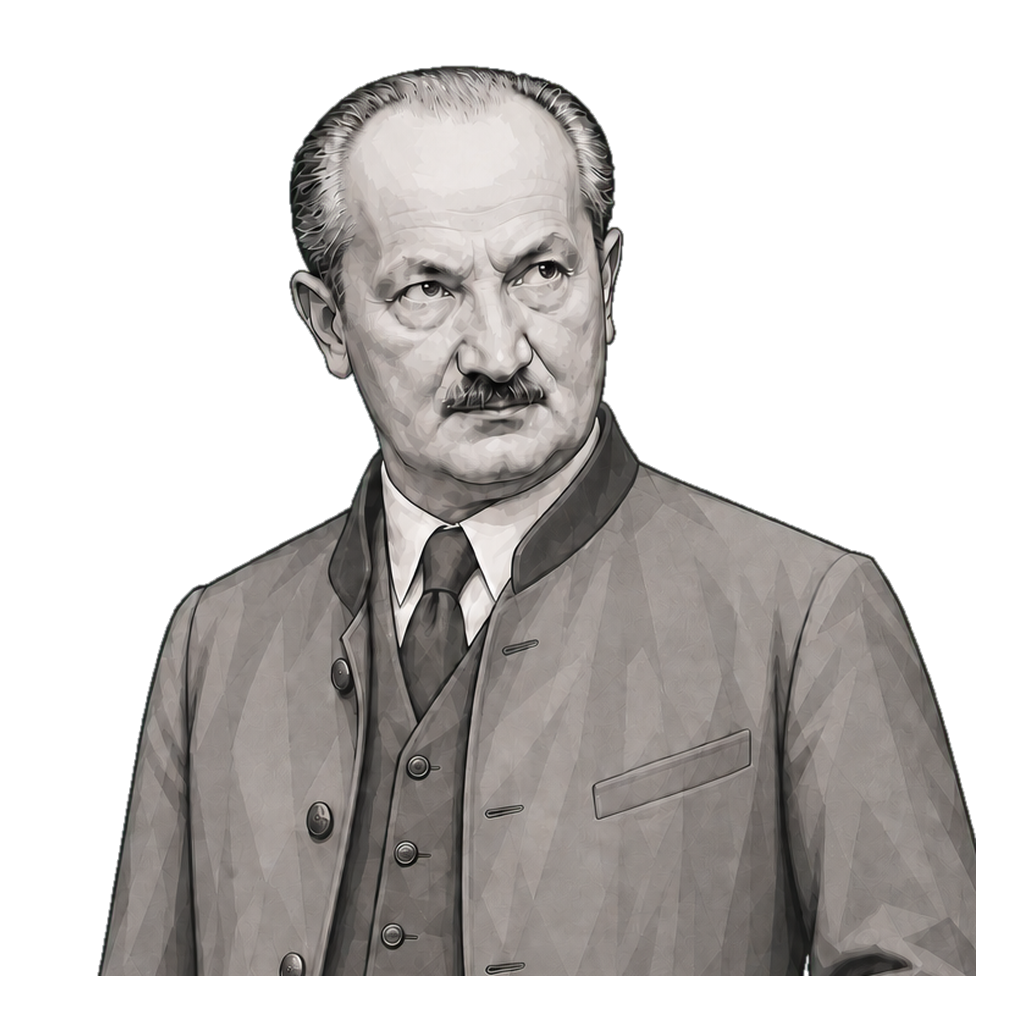 Heidegger in a shaded warm-grey editorial portrait, carrying a carpenter's hammer with a muted-gold head low by his side.