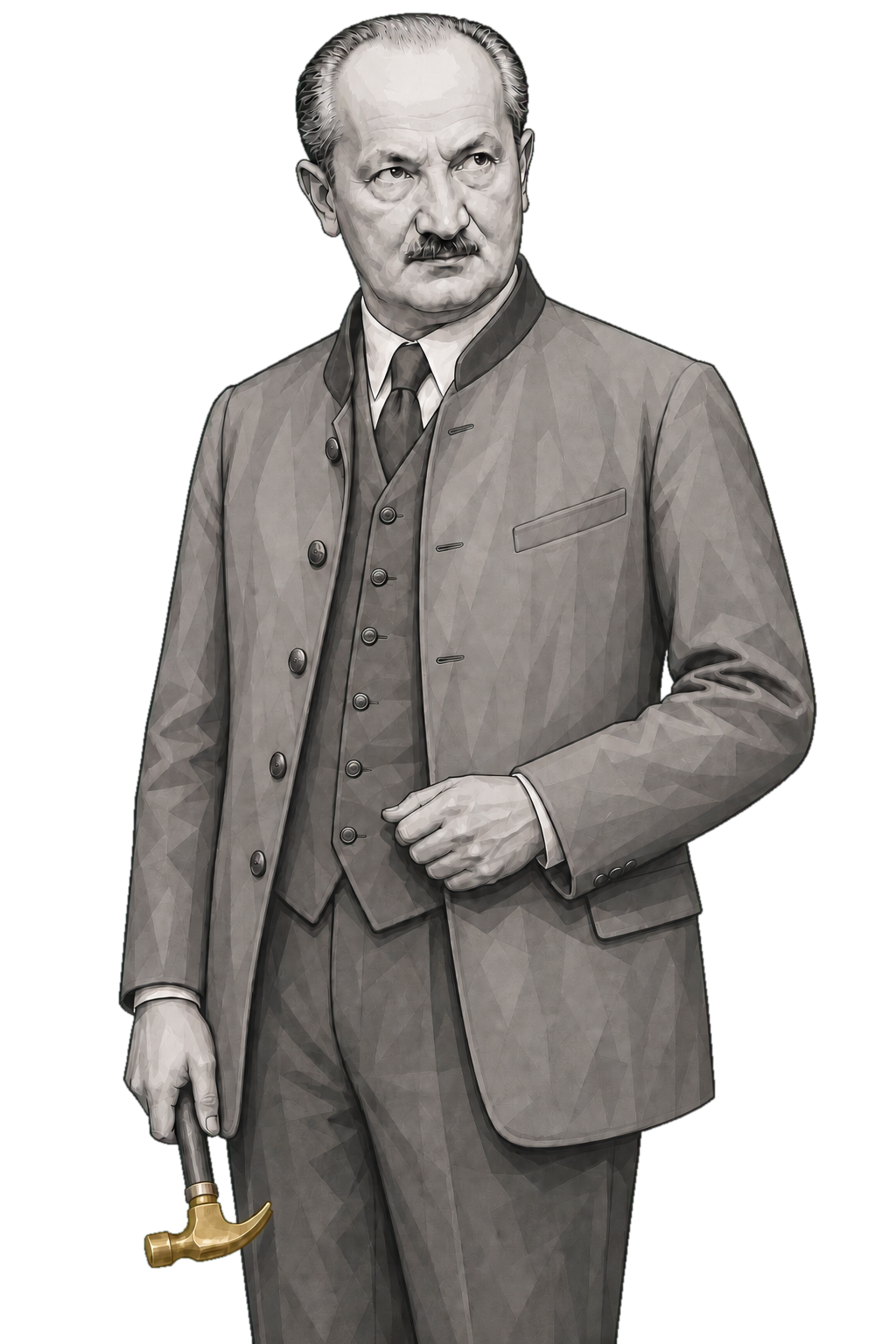 Heidegger in a shaded warm-grey editorial portrait, carrying a carpenter's hammer with a muted-gold head low by his side.