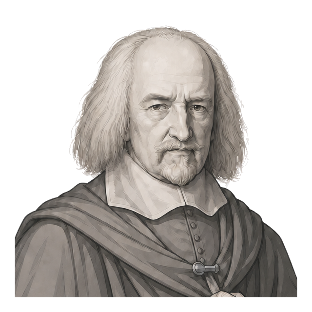 Hobbes in a shaded warm-grey editorial portrait, gripping a compact muted-gold sceptre beneath a layered cloak.