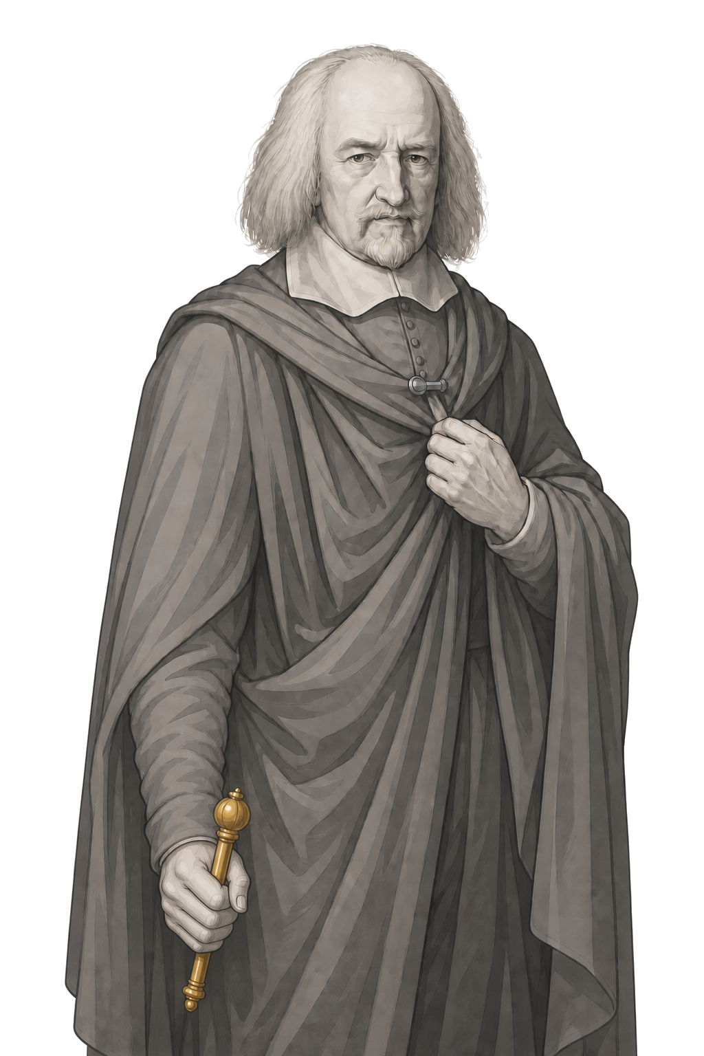 Hobbes in a shaded warm-grey editorial portrait, gripping a compact muted-gold sceptre beneath a layered cloak.