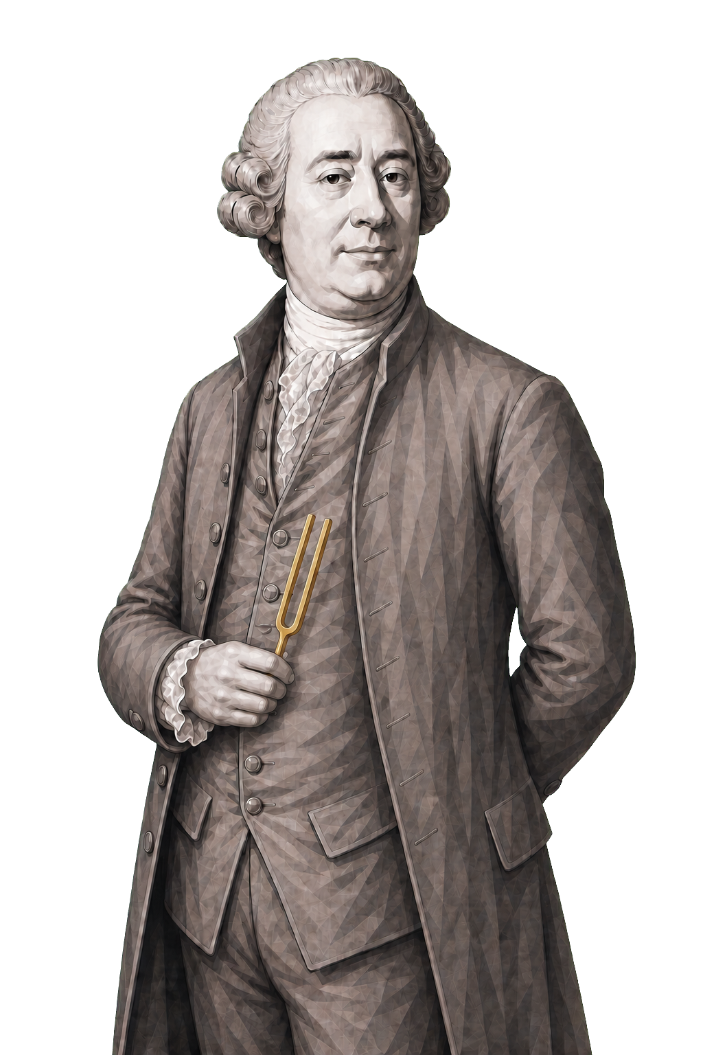 Hume in a shaded warm-grey editorial portrait, holding a two-pronged muted-gold tuning fork.