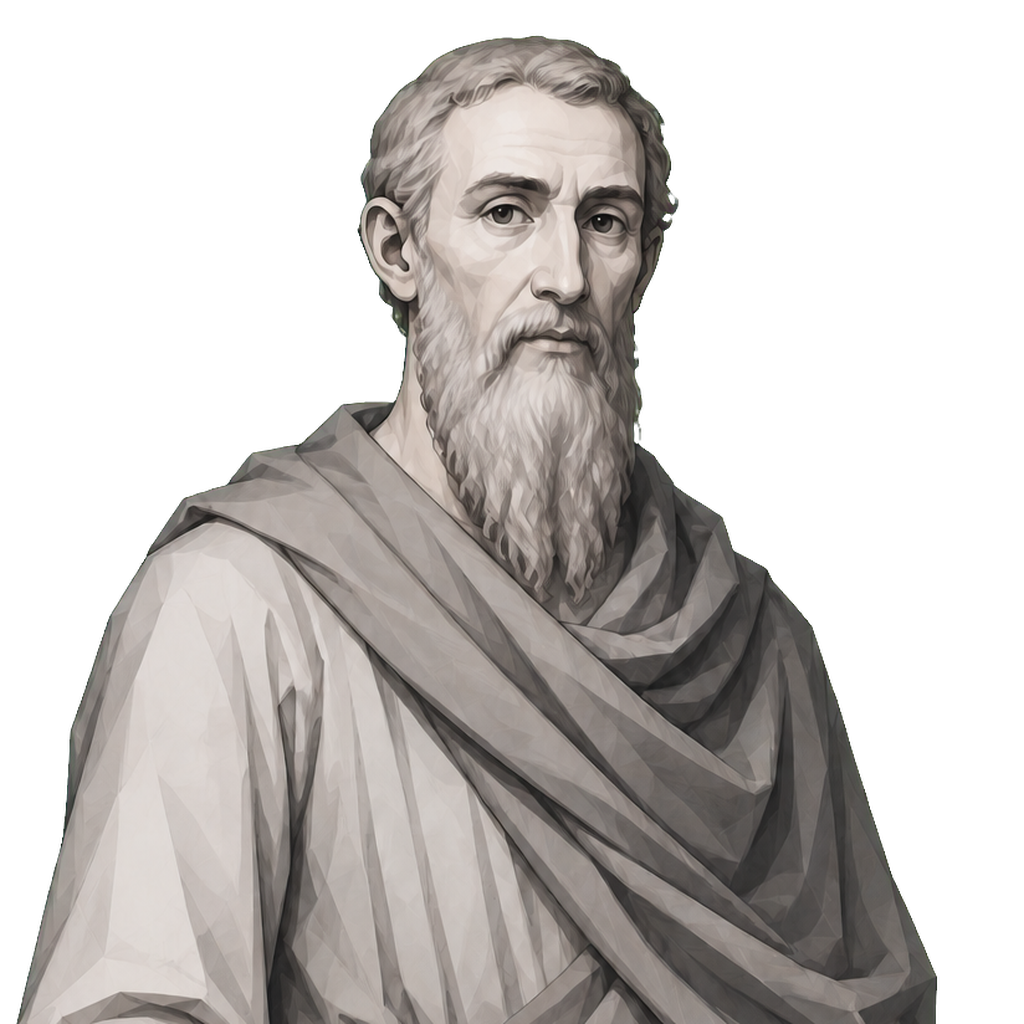 Irenaeus in a shaded warm-grey editorial portrait, carrying a dark sculptor's chisel with one narrow muted-gold collar.