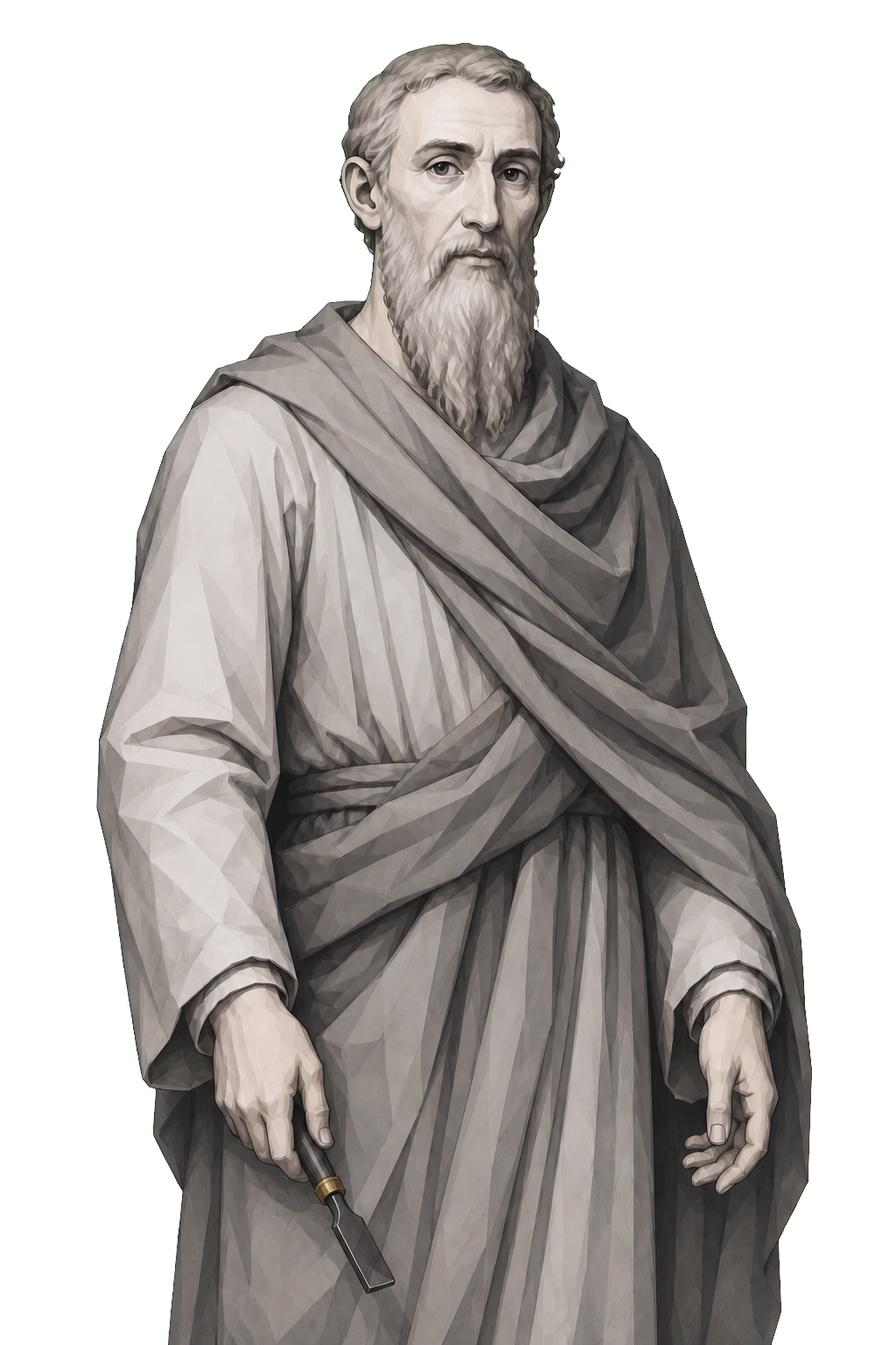 Irenaeus in a shaded warm-grey editorial portrait, carrying a dark sculptor's chisel with one narrow muted-gold collar.