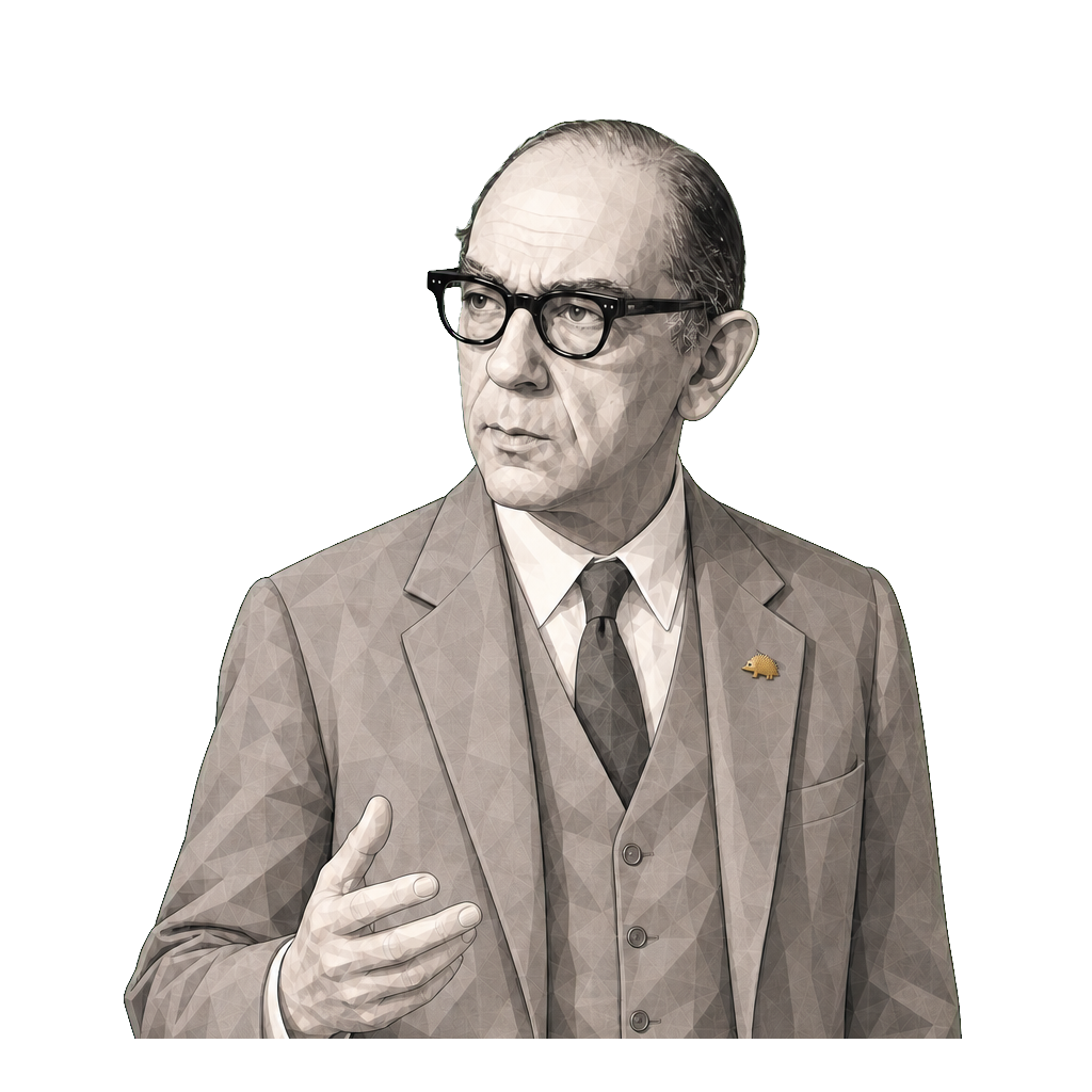 Isaiah Berlin in a shaded warm-grey editorial portrait, gesturing precisely with a tiny muted-gold hedgehog brooch.