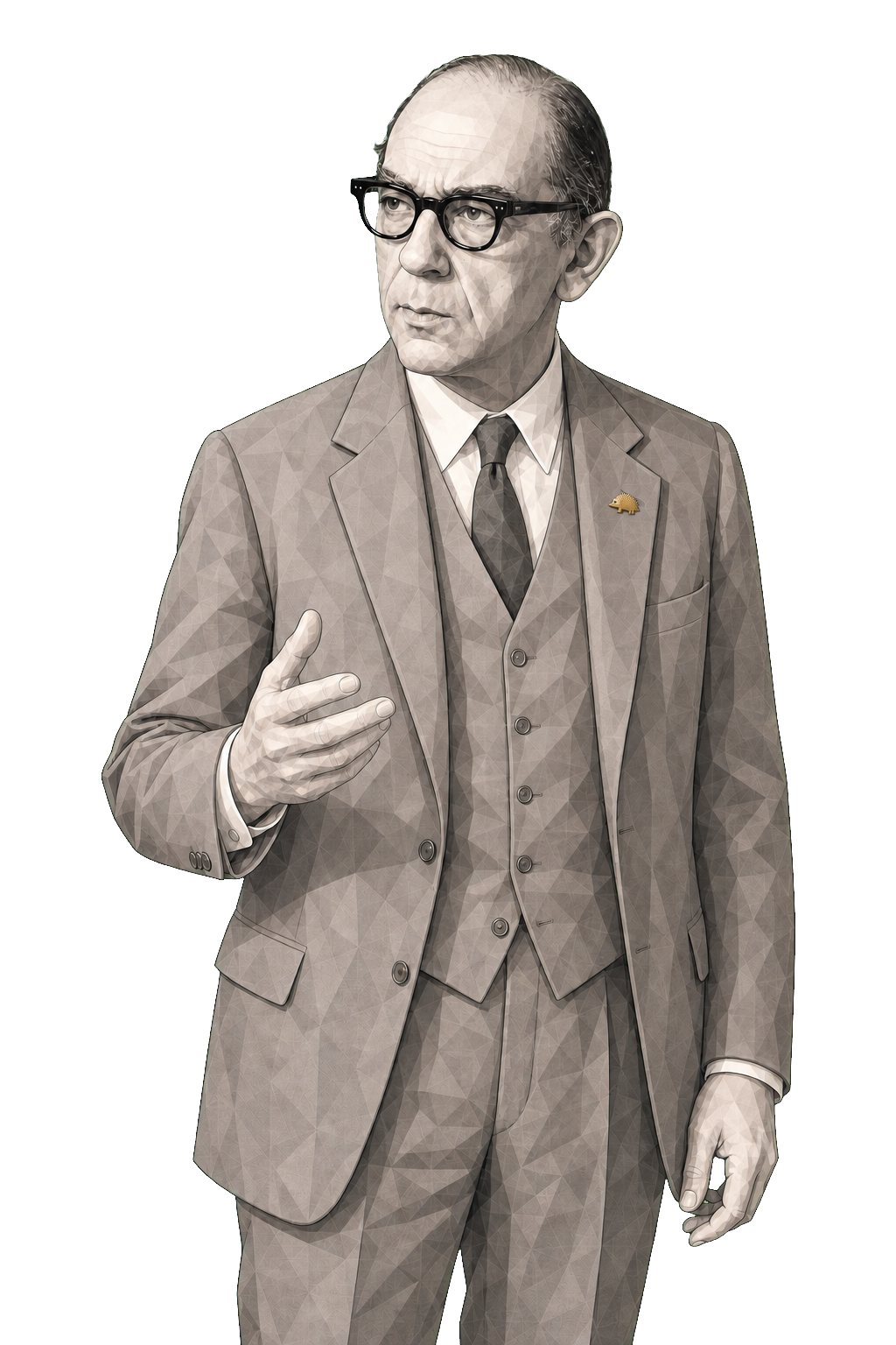 Isaiah Berlin in a shaded warm-grey editorial portrait, gesturing precisely with a tiny muted-gold hedgehog brooch.